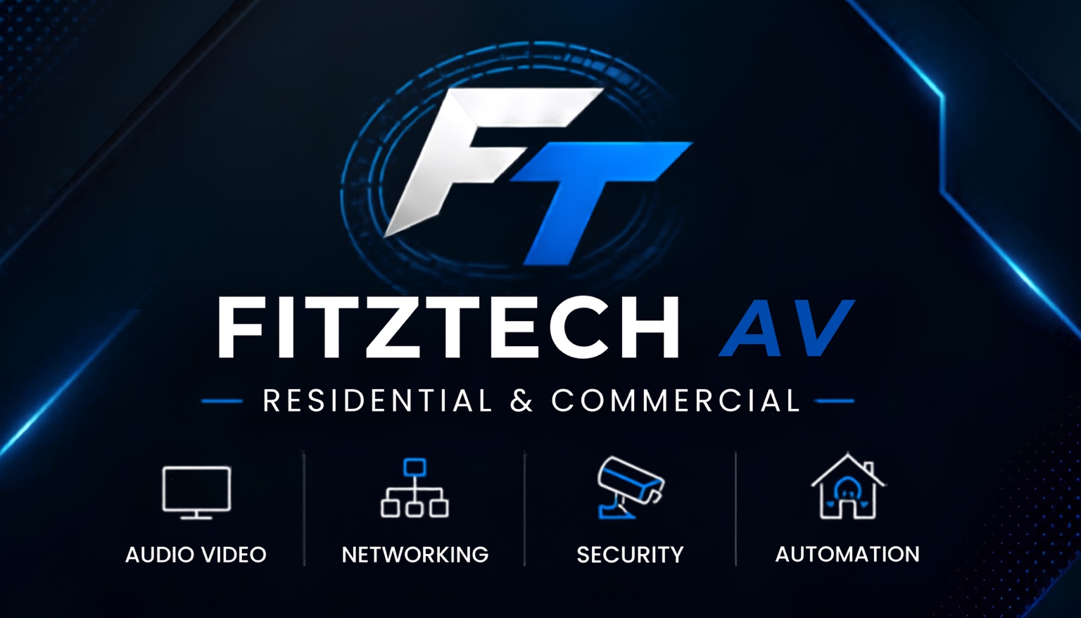 Fitztech AV brand card showing audio video, networking, security, and automation